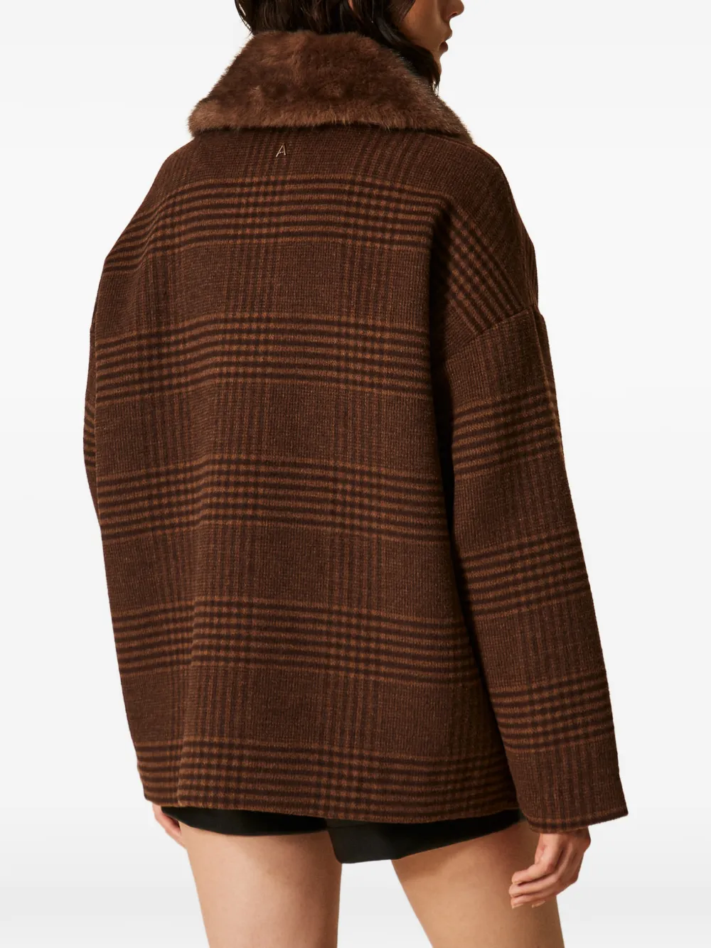 TWINSET Geruite wollen jas met imitatiebont Bruin