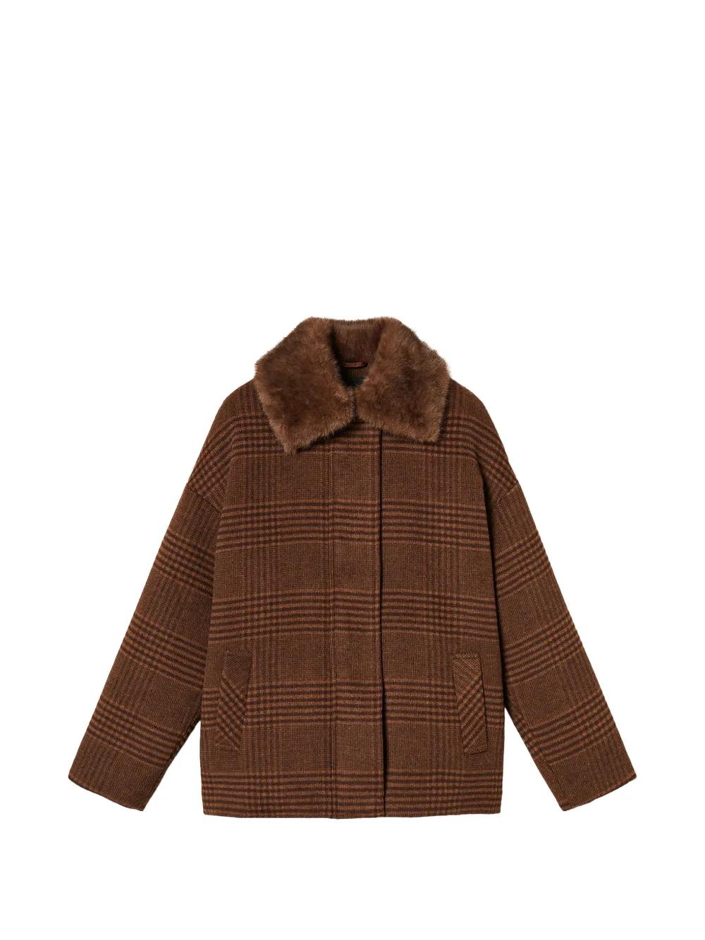 TWINSET wool cloth check caban coat with faux fur - Braun