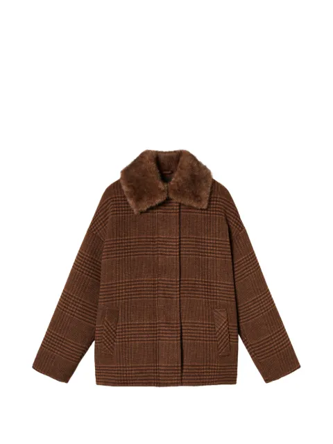 TWINSET wool cloth check caban coat with faux fur