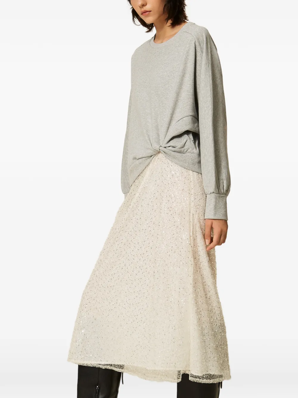 TWINSET Maxi-jurk van pluche stof en geborduurde tule Grijs