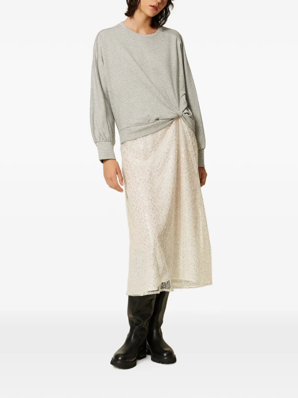 TWINSET Maxi-jurk van pluche stof en geborduurde tule Grijs