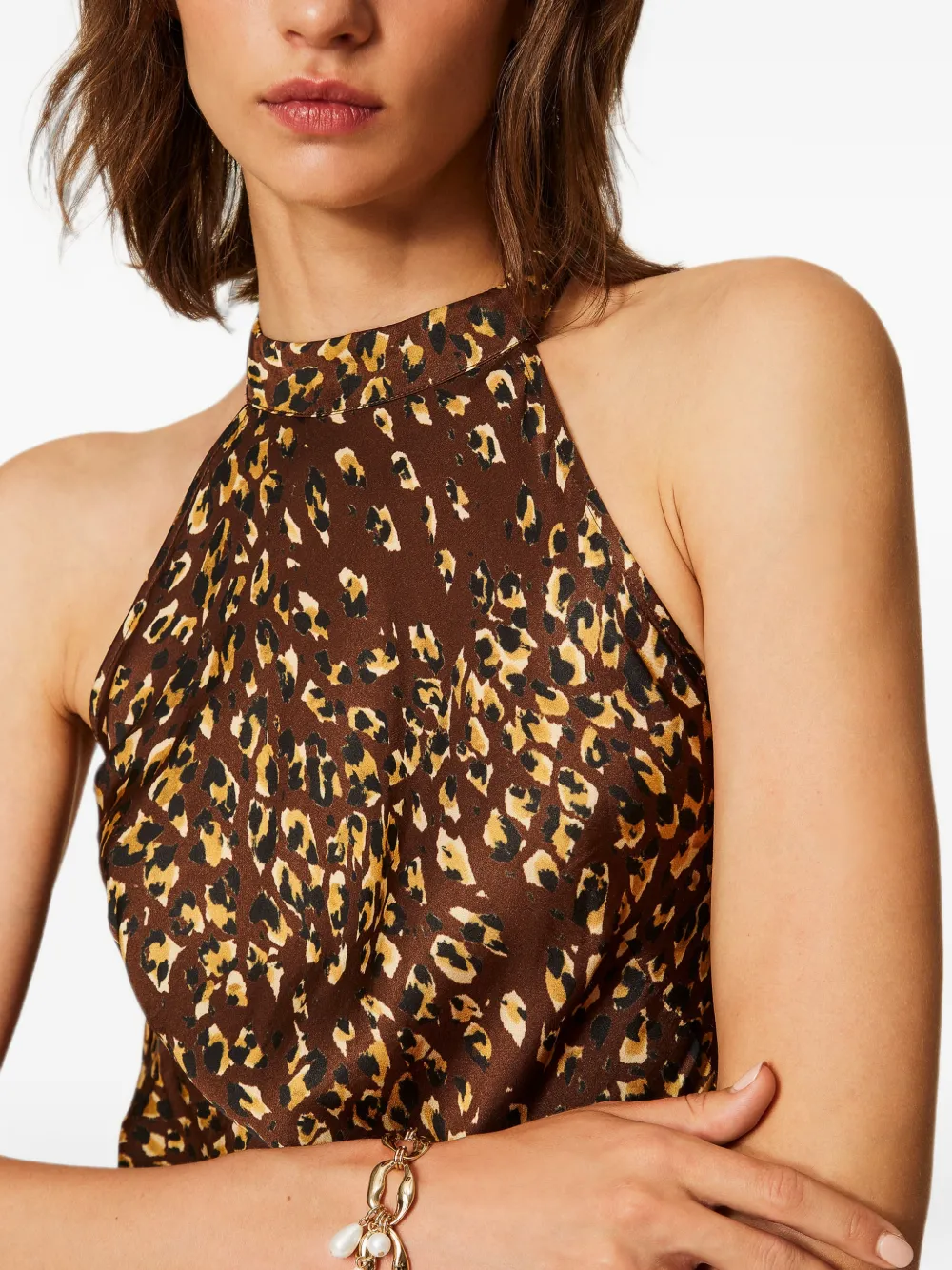 TWINSET Satijnen jurk met halternek en dieren-print Bruin