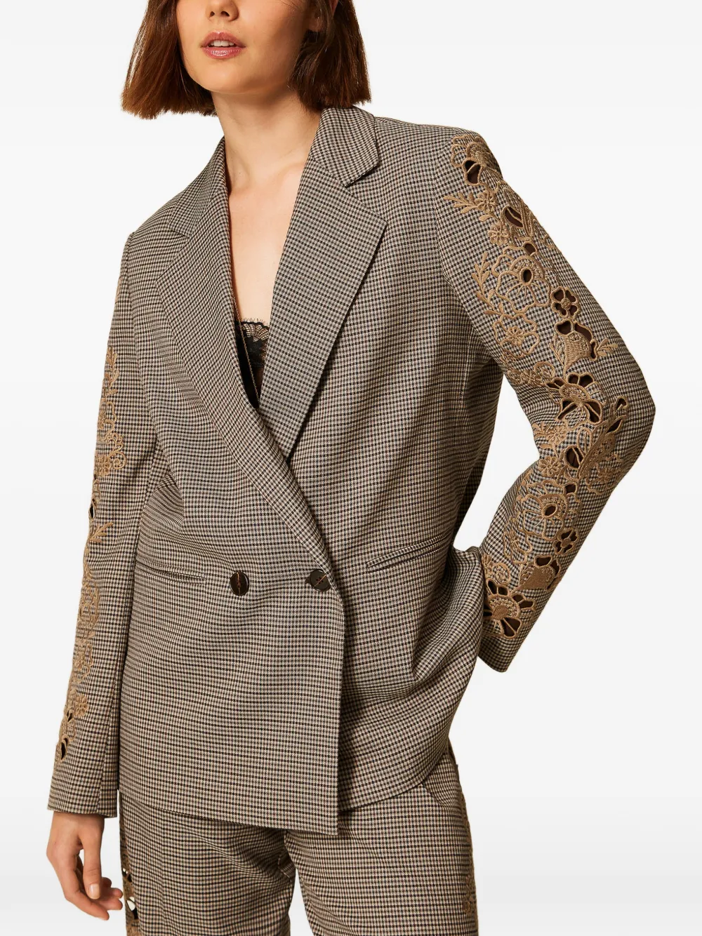 TWINSET Blazer met pied-de-poule print en borduurwerk Bruin