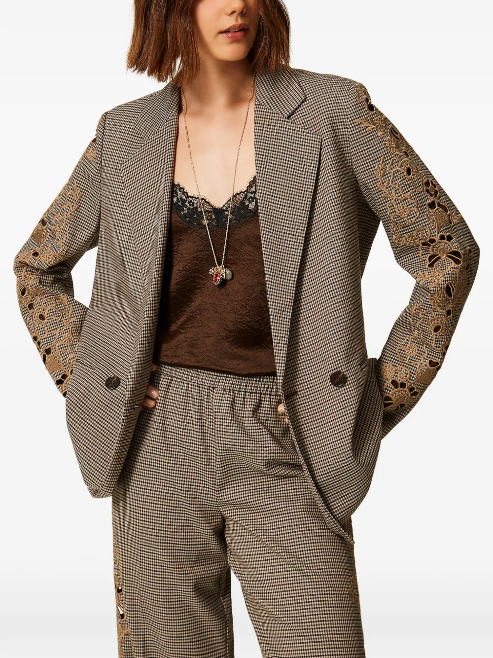 TWINSET Blazer met pied-de-poule print en borduurwerk Bruin