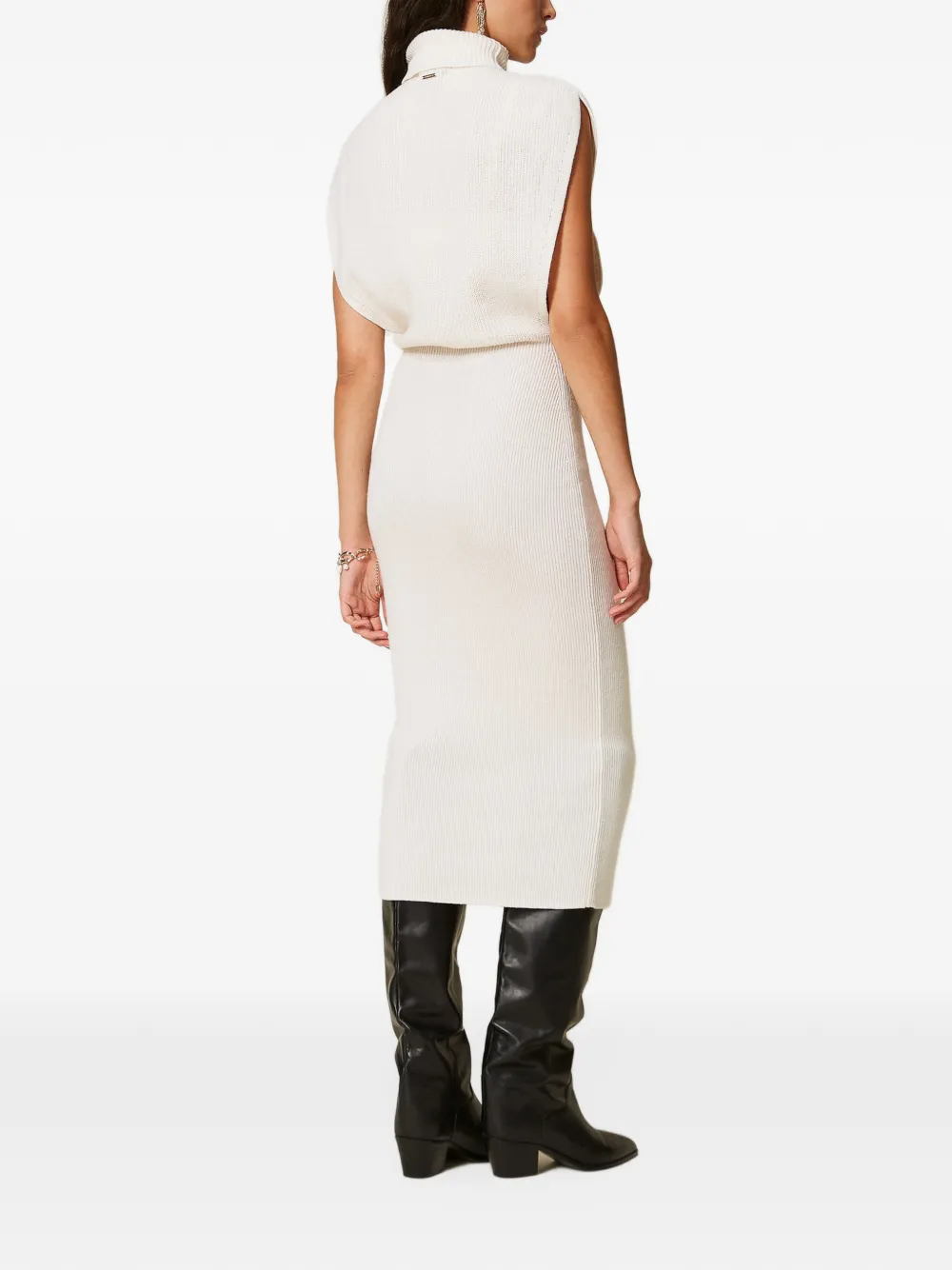 TWINSET long wool-blend knit dress with brooch Beige