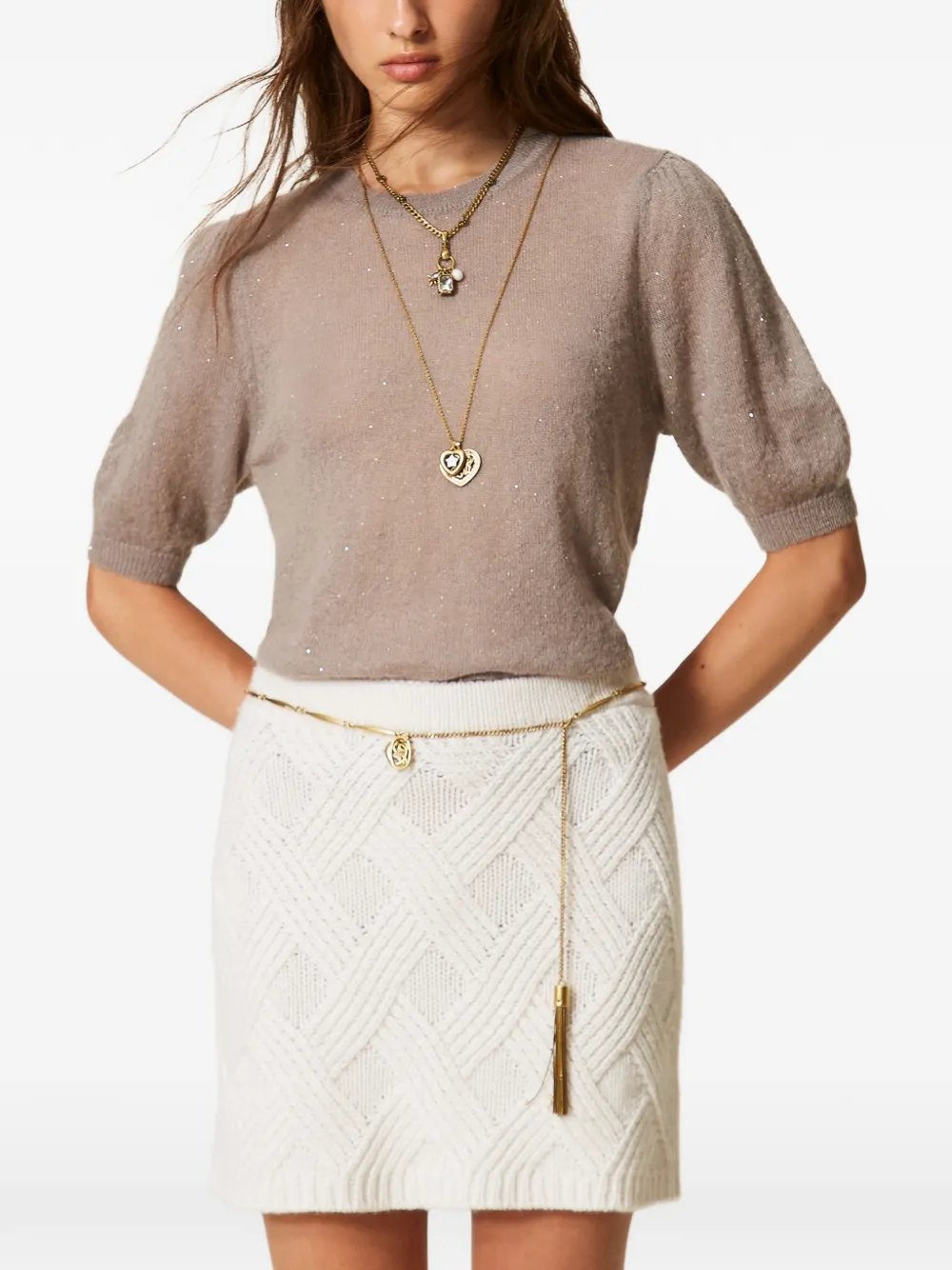 TWINSET short knit skirt with criss-cross pattern Beige
