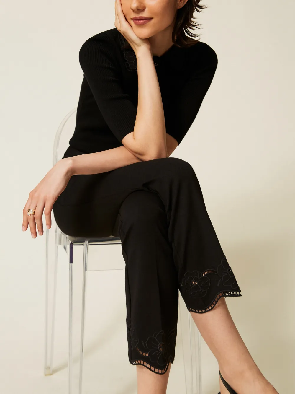 TWINSET Straight broek met broderie anglaise Zwart