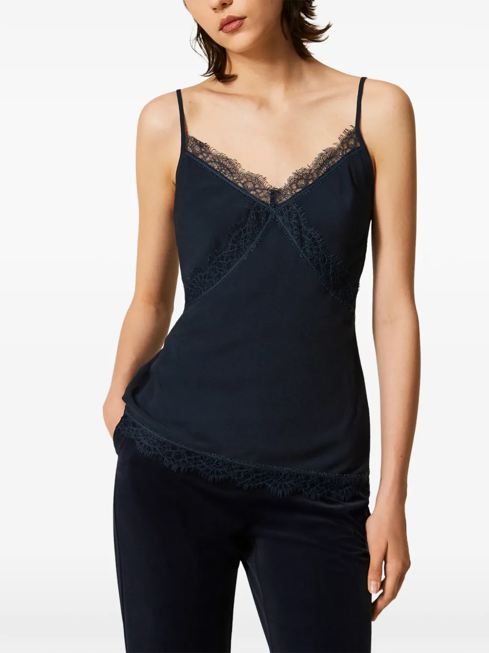 TWINSET crêpe de Chine top with lace Blauw