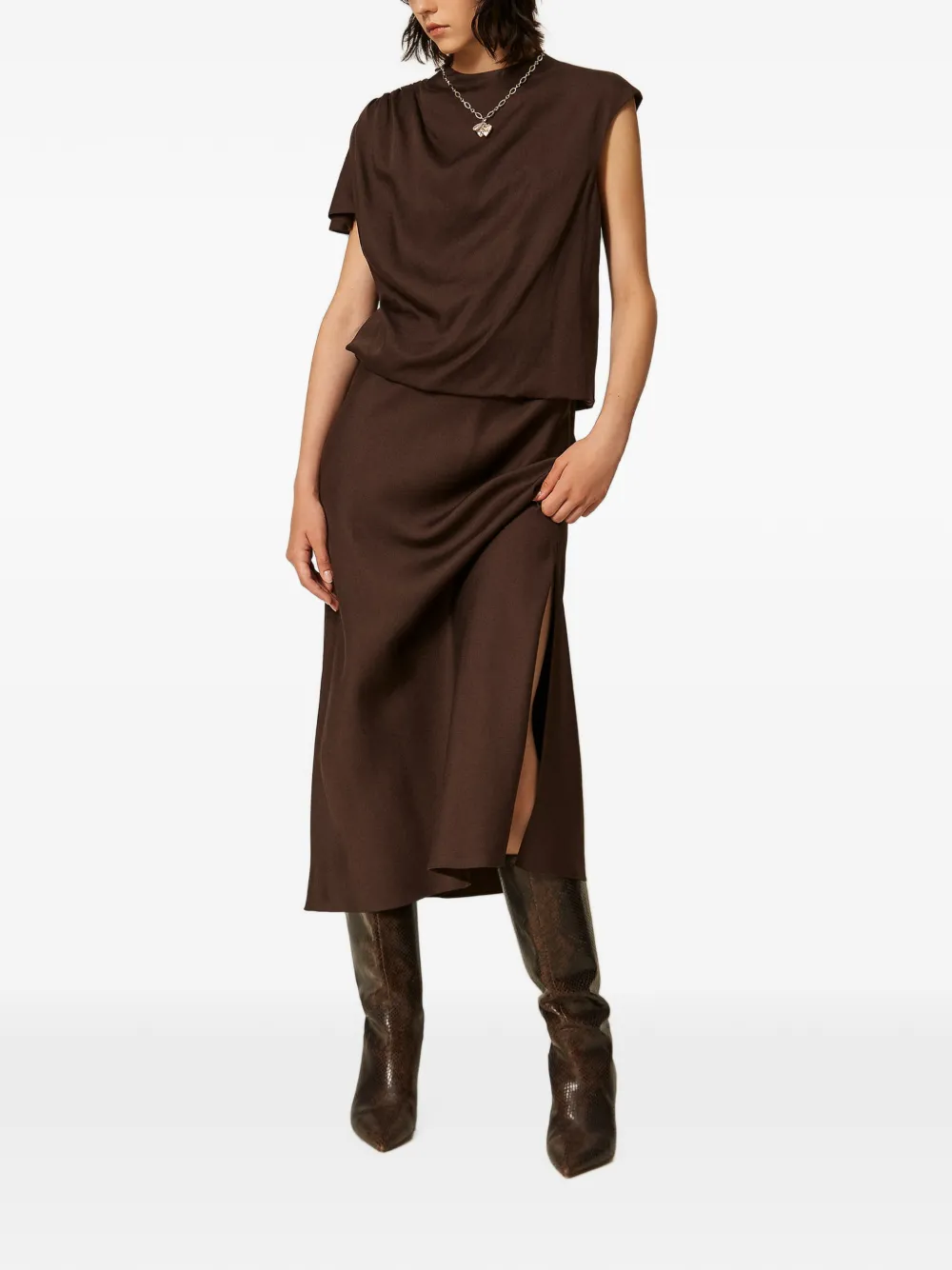 TWINSET Satijnen midi-jurk Bruin