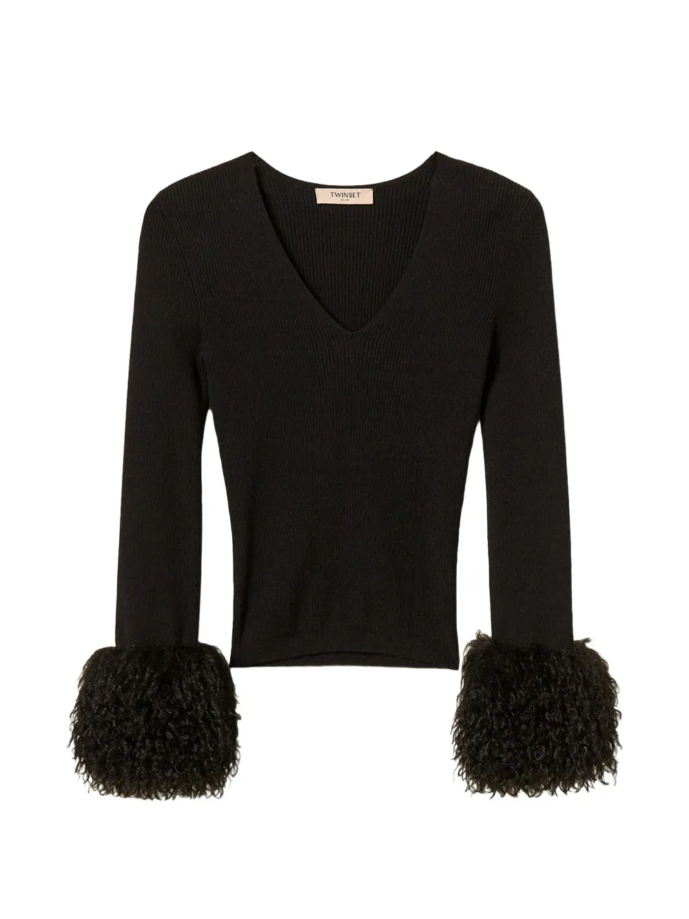 TWINSET Gerippter Pullover mit Faux Fur - Schwarz