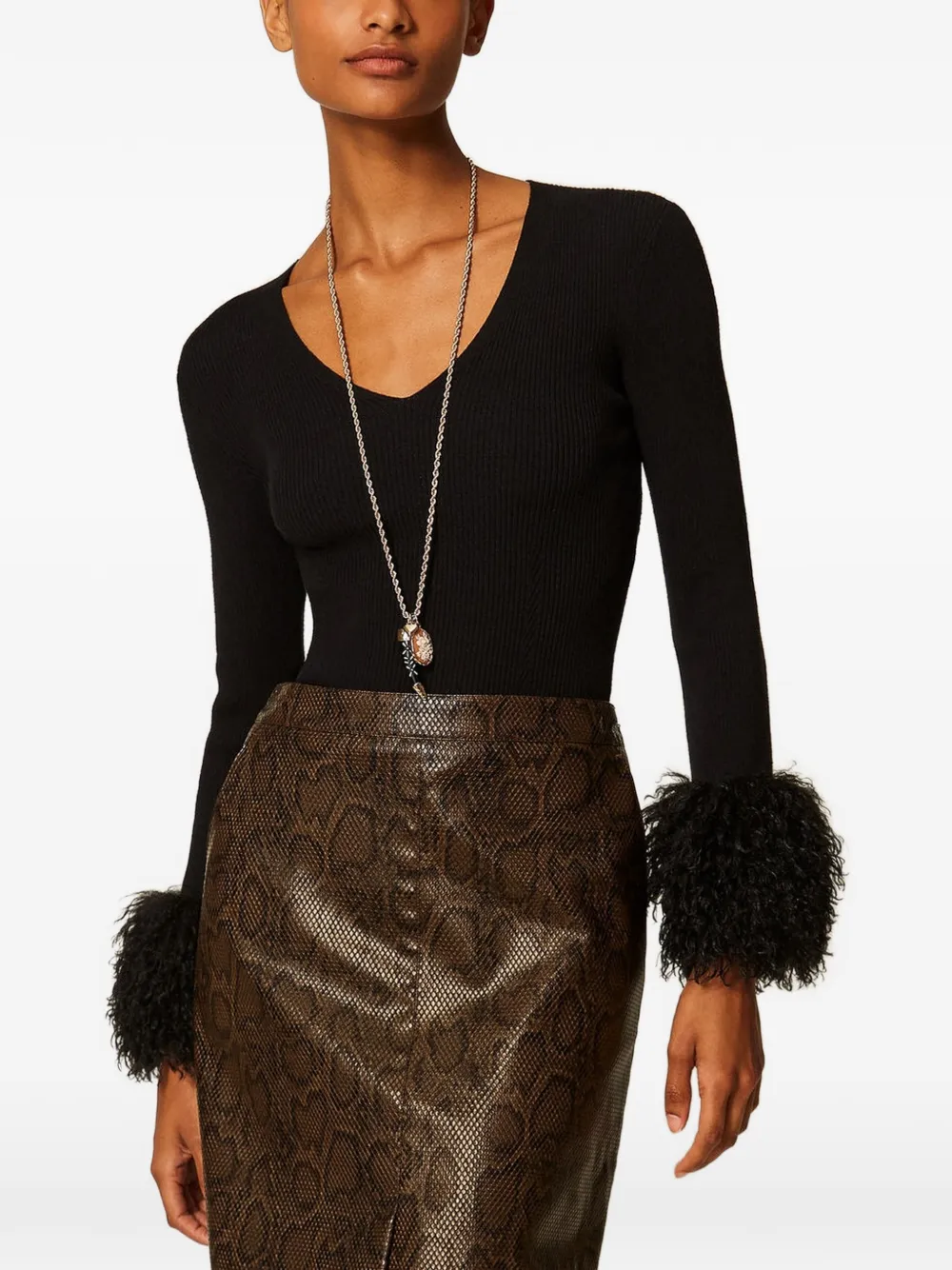 TWINSET rib knit jumper with faux fur - Nero