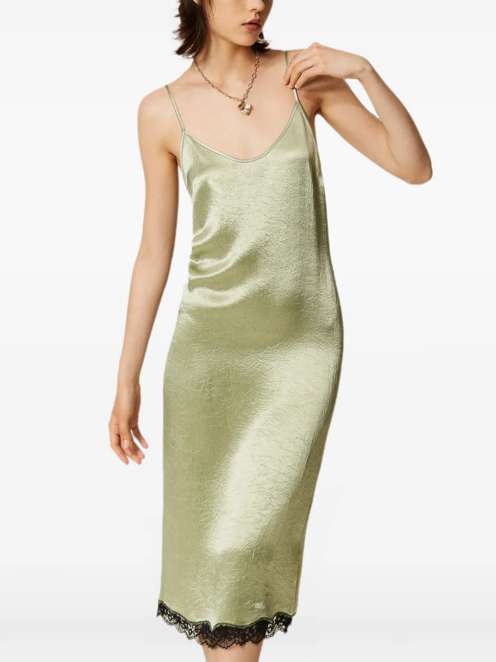 TWINSET Froissé satijnen midi-jurk met kant Groen
