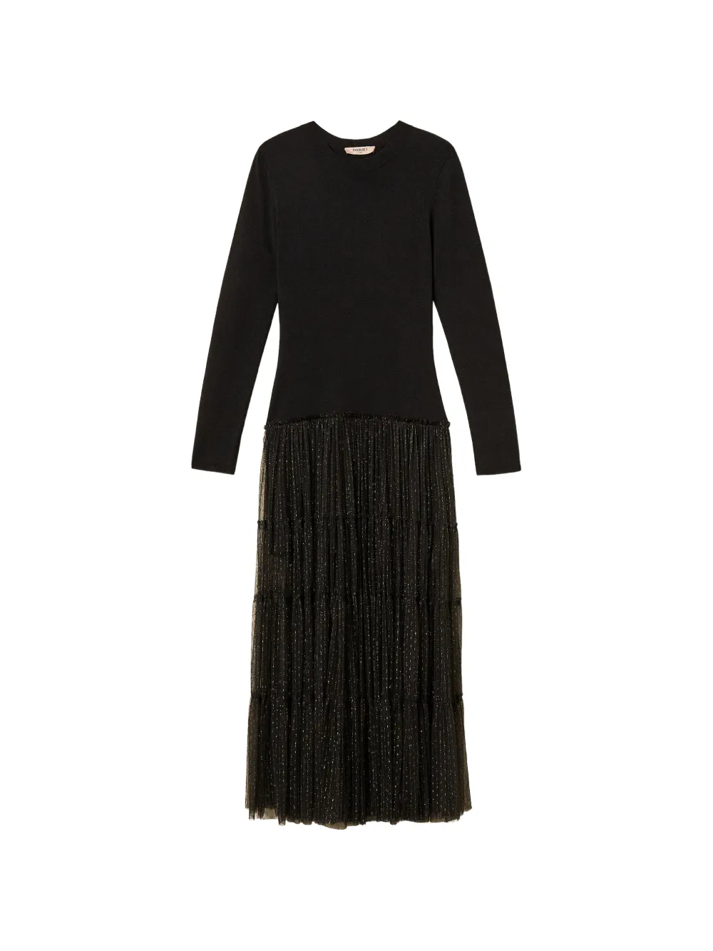TWINSET long knit dress with plumetis tulle - Nero