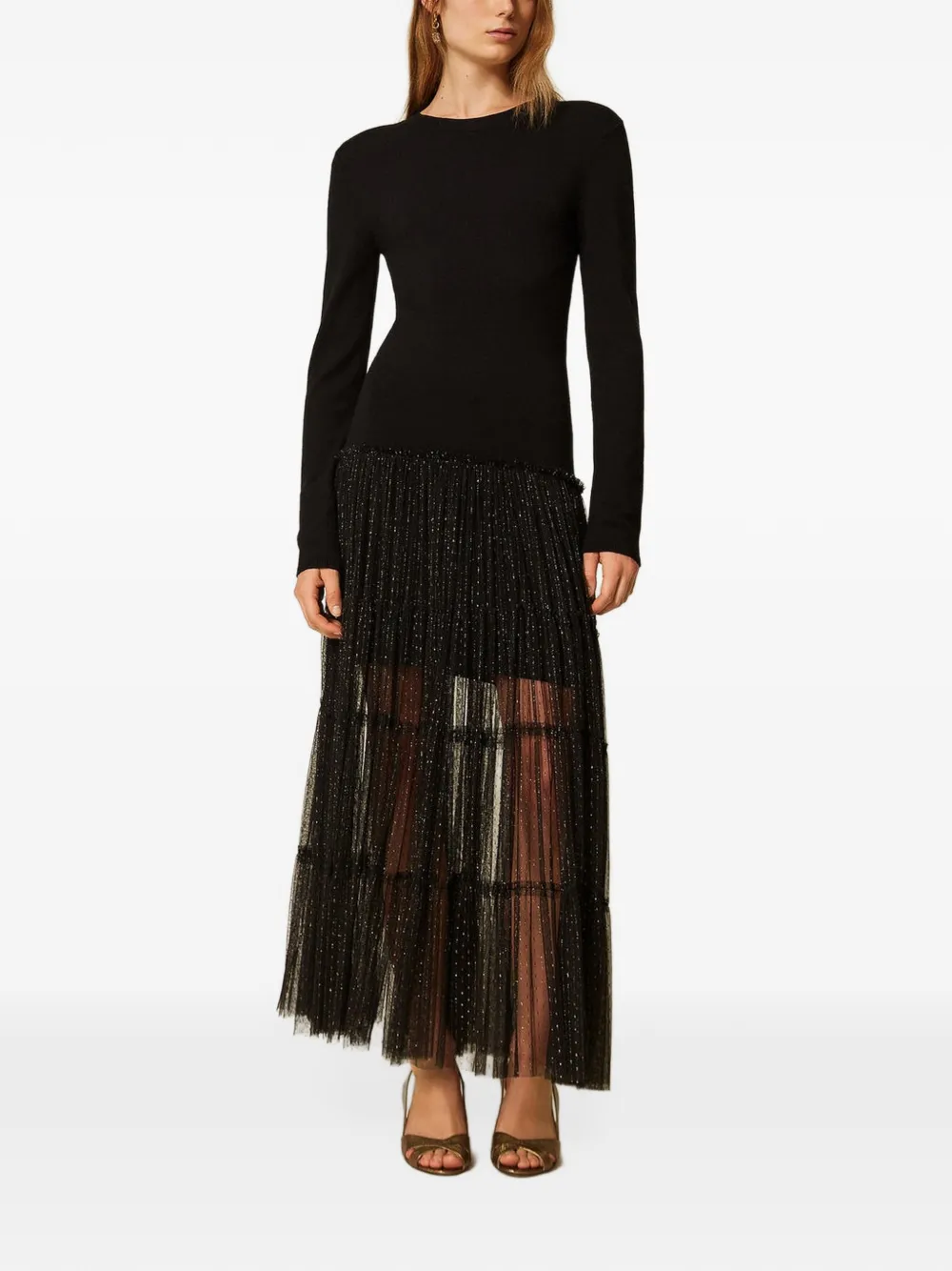 TWINSET long knit dress with plumetis tulle - Nero