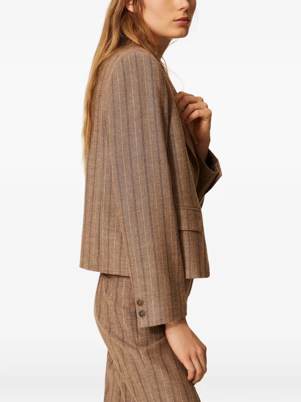 TWINSET Cropped blazer van wolblend met krijtstreep Bruin