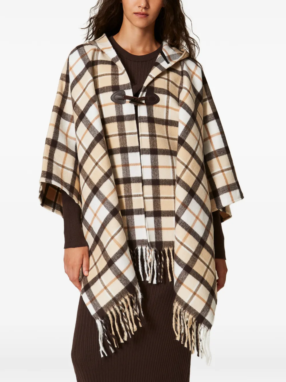 TWINSET Geruite poncho met jacquard Beige