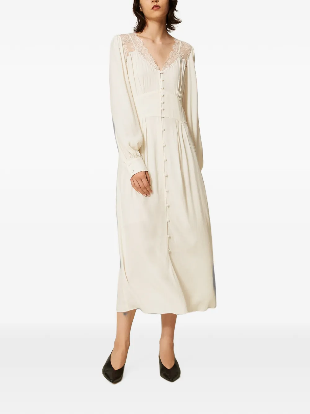 TWINSET Lange jurk met kant en jacquard Beige