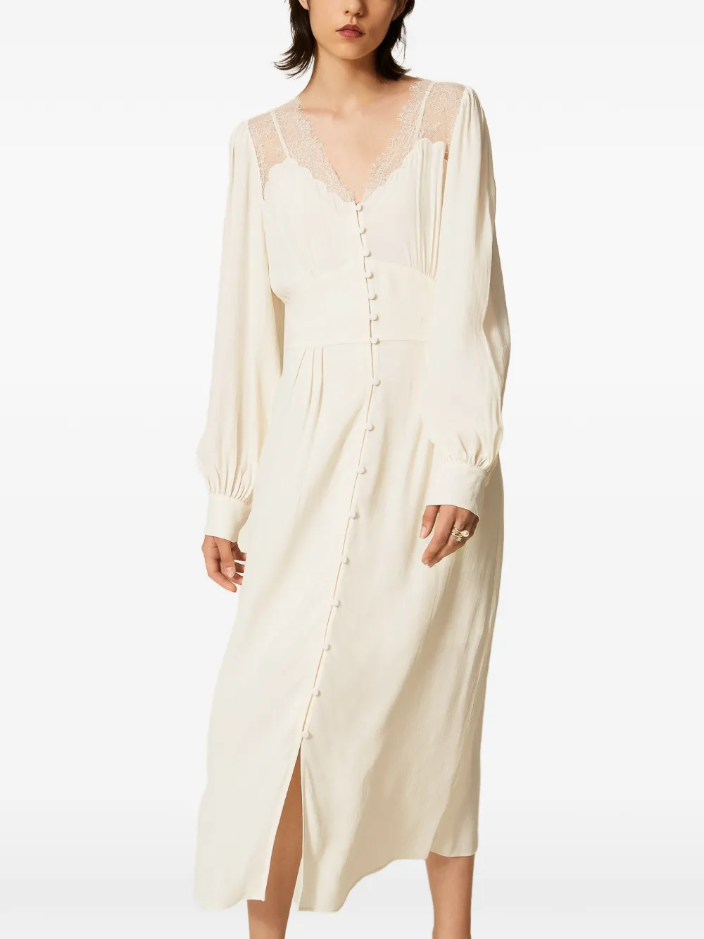 TWINSET Lange jurk met kant en jacquard Beige