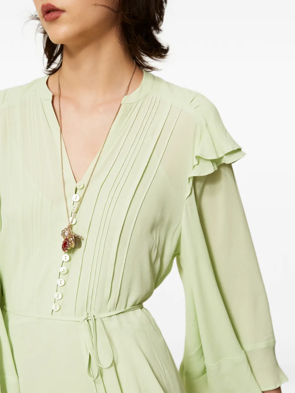 TWINSET Korte crêpe de chine jurk met ruches Groen