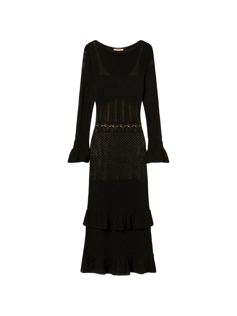 TWINSET long wool blend knit dress with ruffles - Schwarz