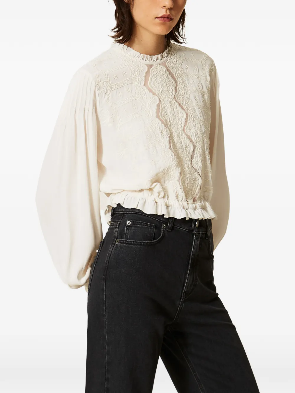 TWINSET Crêpe blouse met geborduurde bloemen Beige