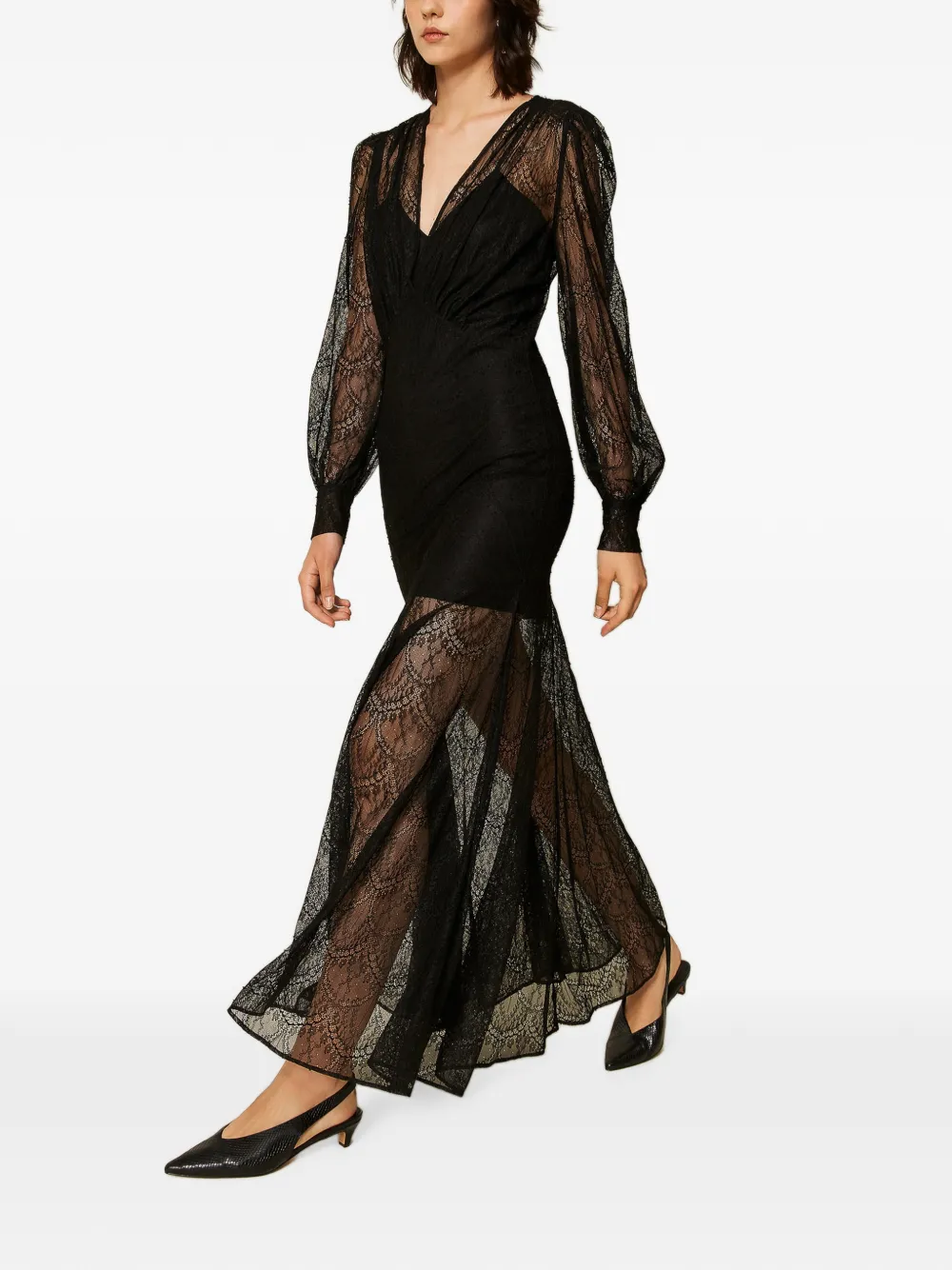 TWINSET Valenciennes maxi-jurk met kant Zwart
