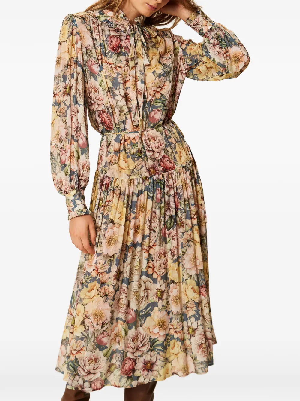 TWINSET Crépon maxi-jurk met bloemen-print Beige