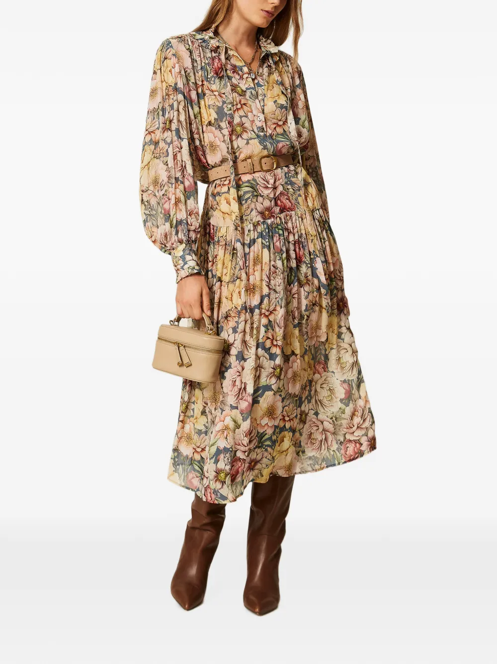 TWINSET Crépon maxi-jurk met bloemen-print Beige