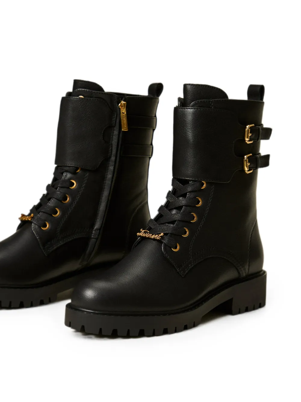 TWINSET leather combat boots with straps Zwart
