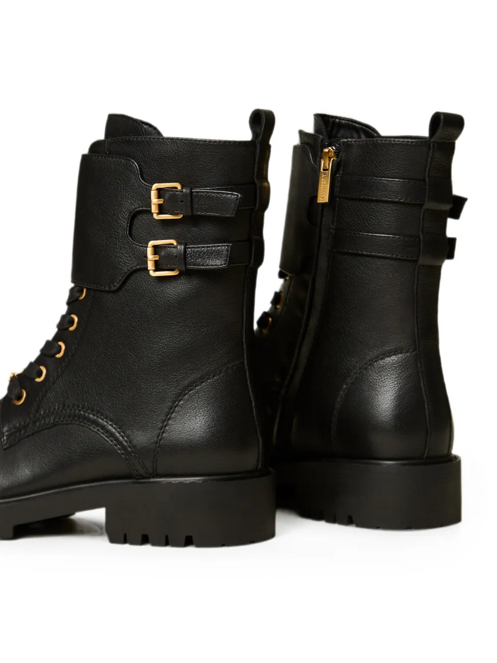 TWINSET leather combat boots with straps Zwart