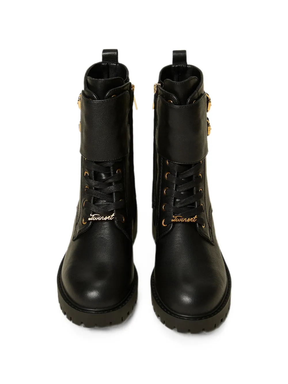 TWINSET leather combat boots with straps Zwart
