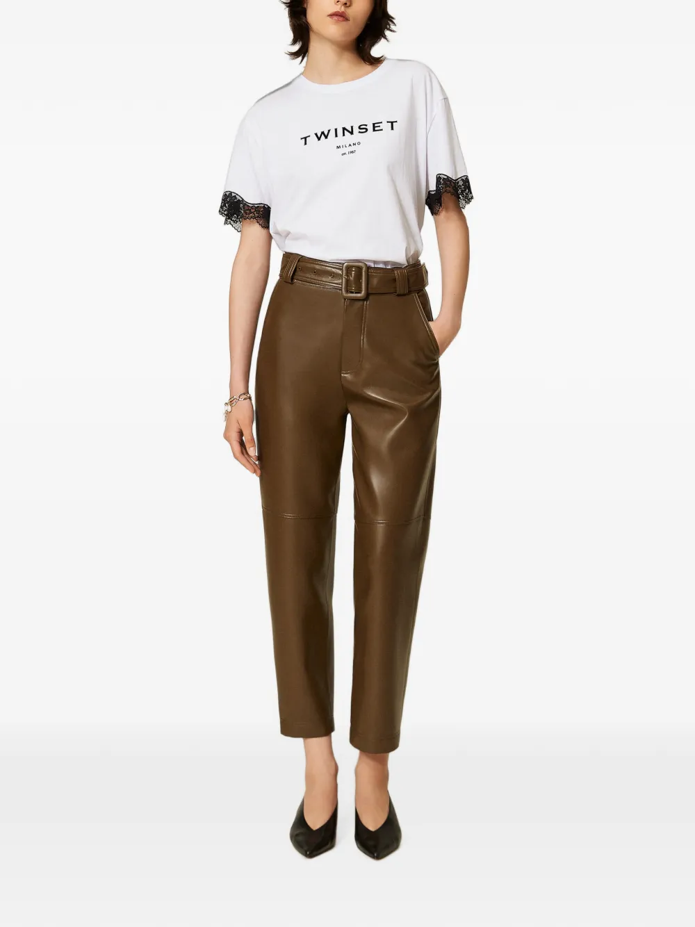 TWINSET Broek van imitatieleer met ceintuur Bruin