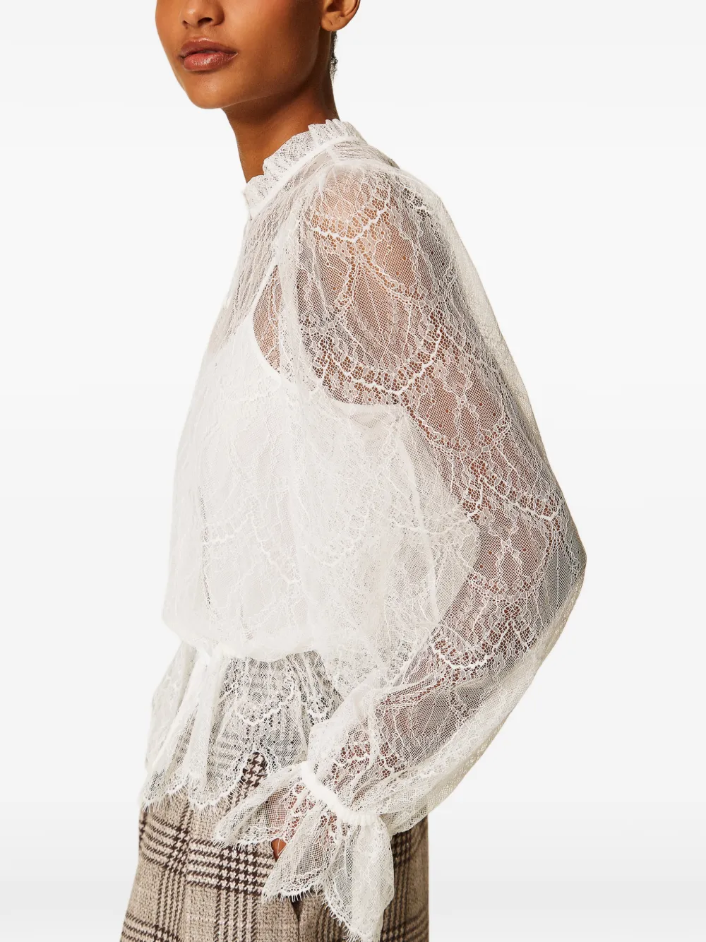 TWINSET Blouse met trekkoord en kanten laag Wit