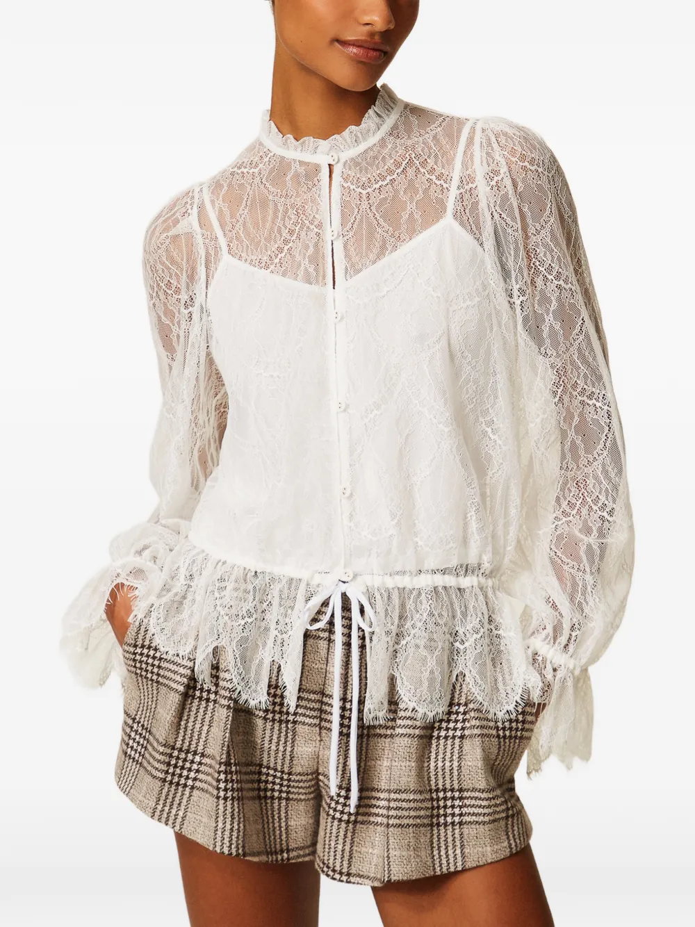 TWINSET Blouse met trekkoord en kanten laag Wit