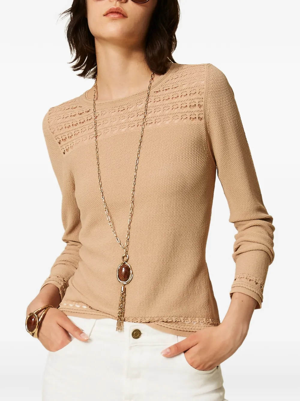 TWINSET Trui met ronde hals en kabelpatroon Beige
