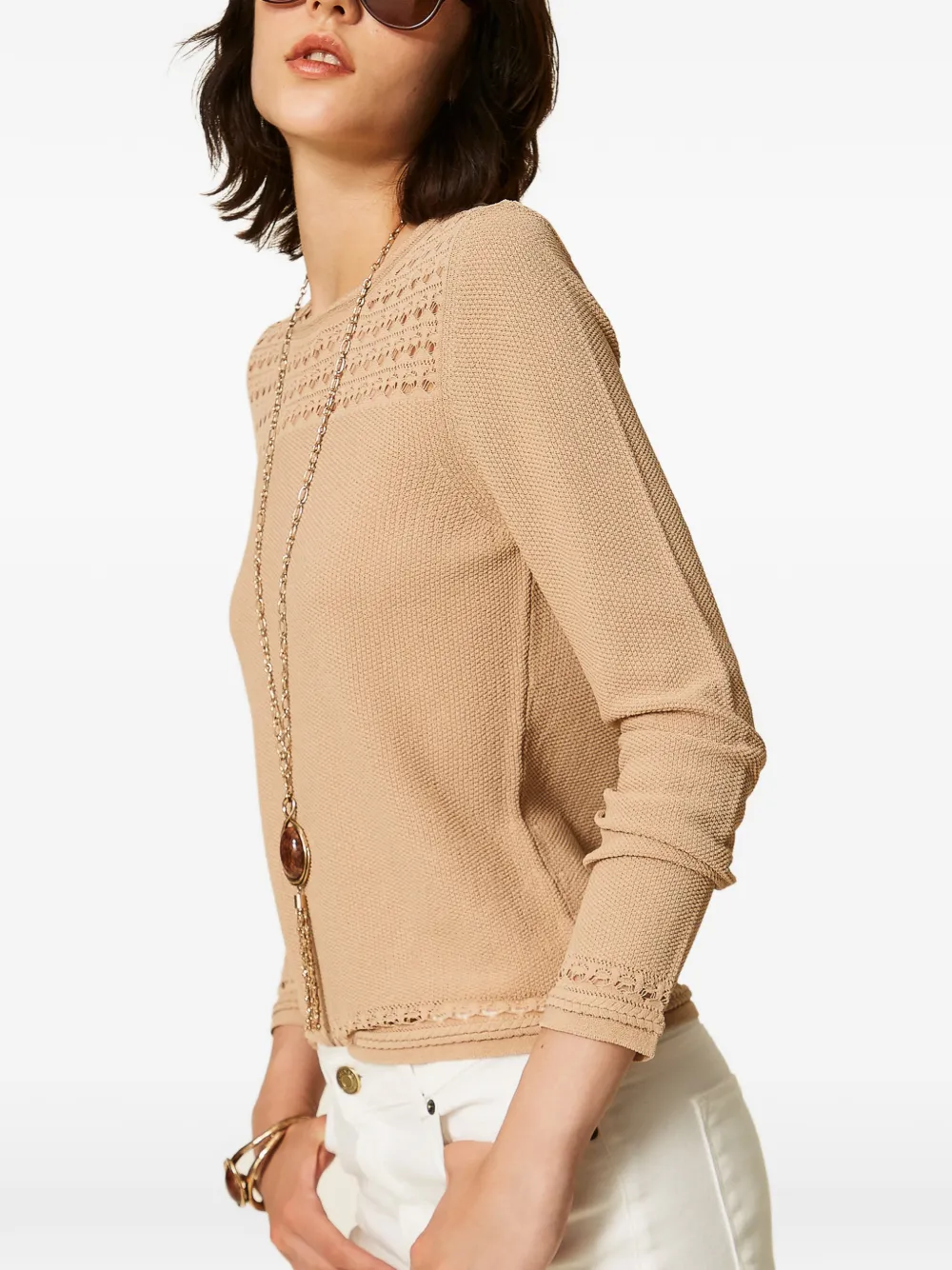 TWINSET Trui met ronde hals en kabelpatroon Beige