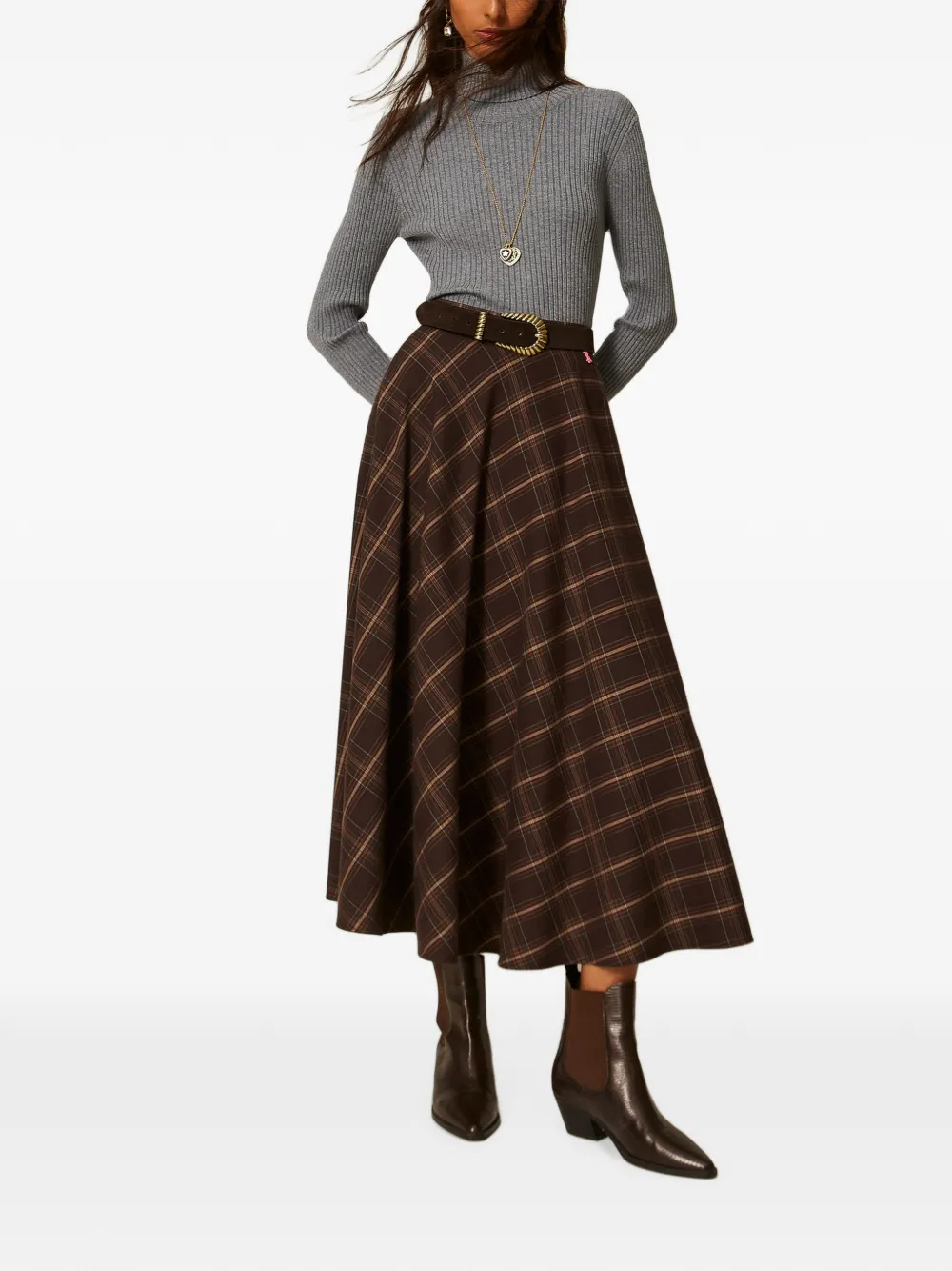 TWINSET Myfo geruite flanellen midi-rok Bruin