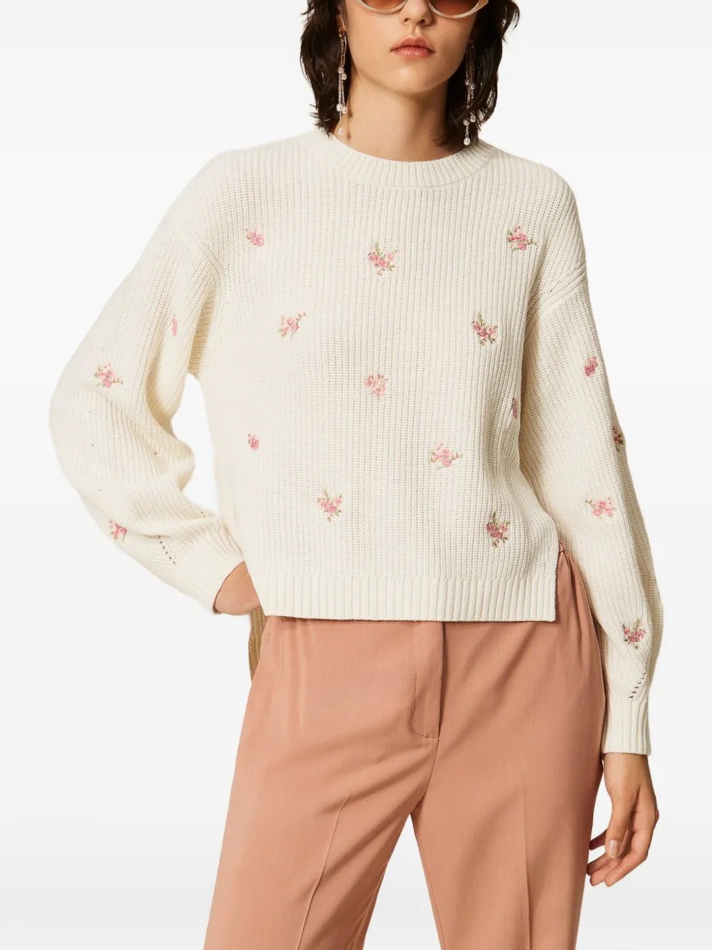 TWINSET Trui van wolblend met geborduurde bloemen Beige