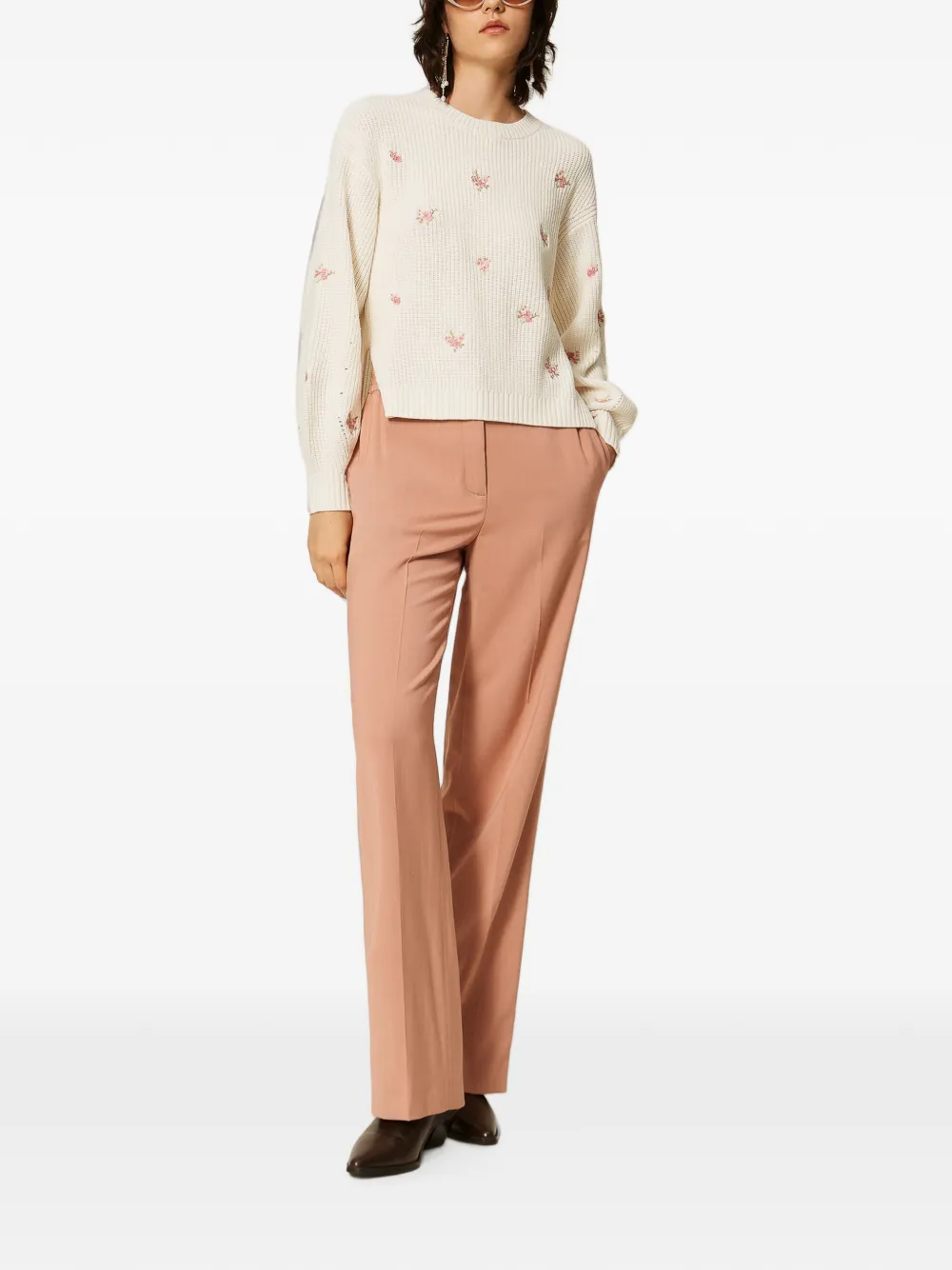 TWINSET Trui van wolblend met geborduurde bloemen Beige