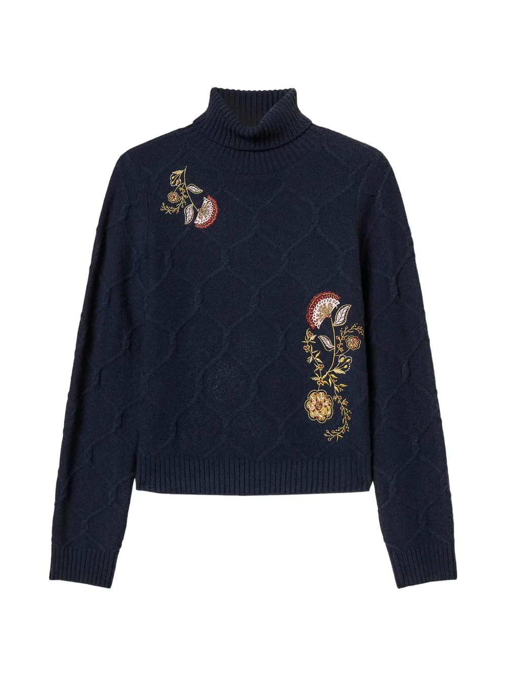 TWINSET Maglione a collo alto in lana con ricamo a fiori - Blu