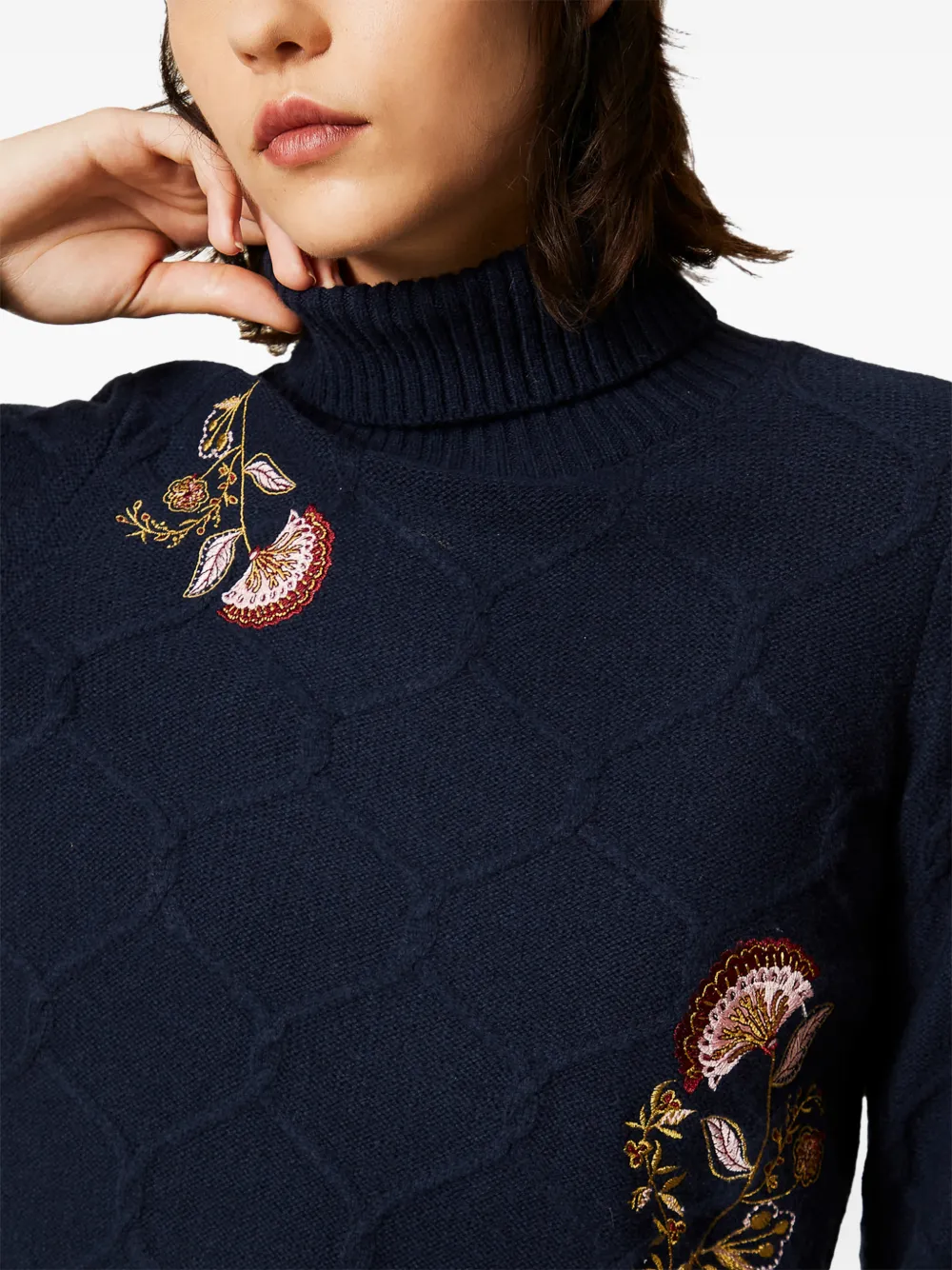 TWINSET turtleneck wool jumper with floral embroidery Blauw