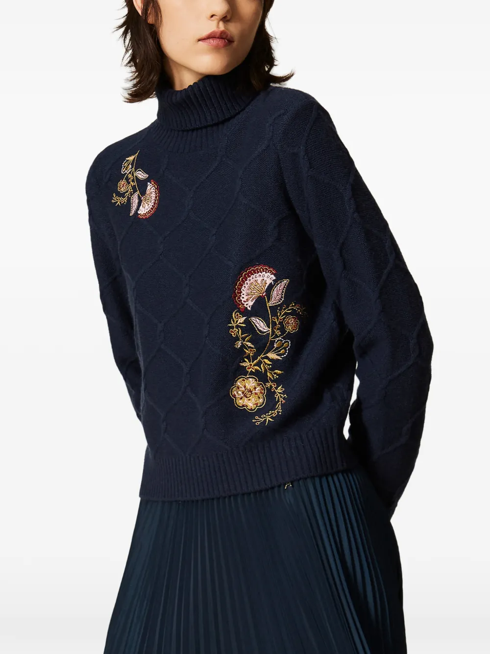 TWINSET turtleneck wool jumper with floral embroidery Blauw