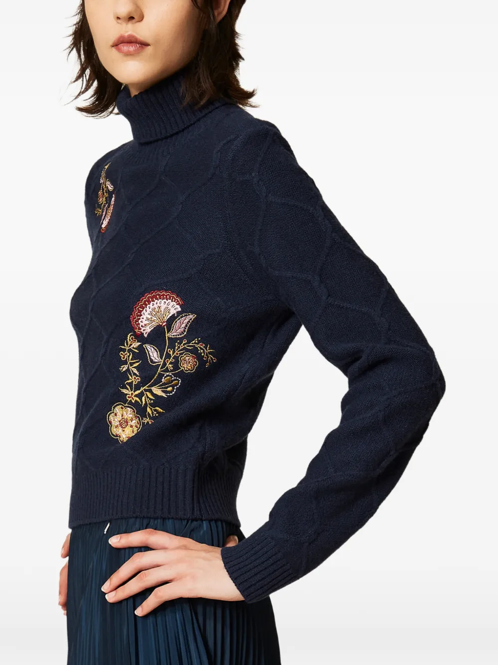 TWINSET turtleneck wool jumper with floral embroidery Blauw