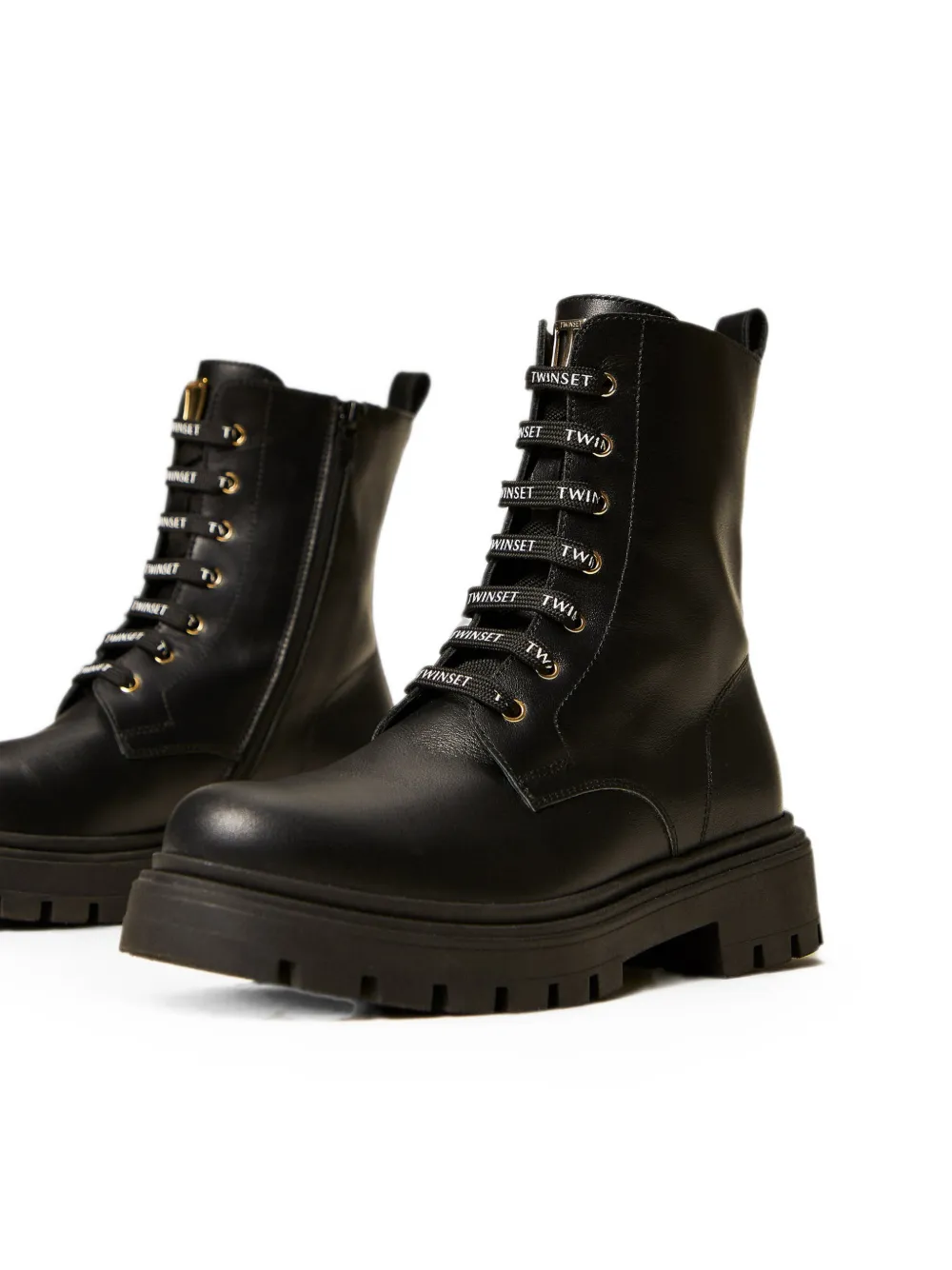 TWINSET Kids leather combat boots with logo Zwart