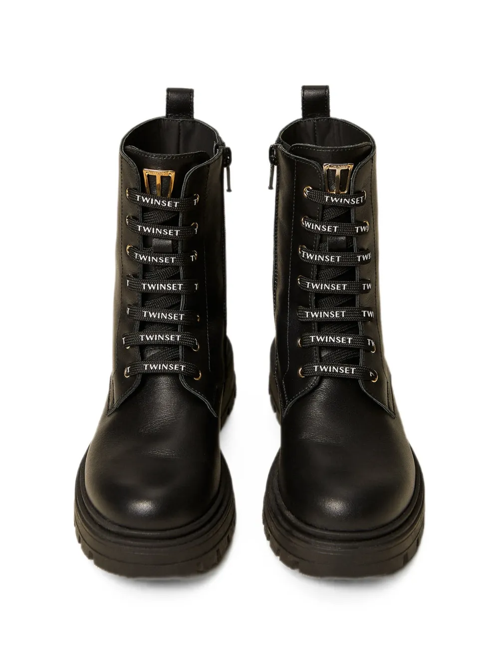 TWINSET Kids leather combat boots with logo Zwart