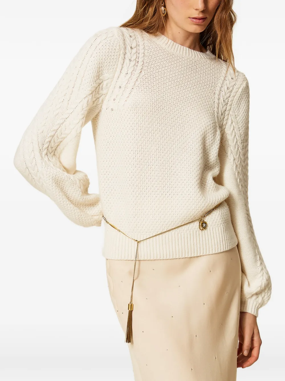TWINSET Trui van wolblend met kabelgebreid detail en stras Beige