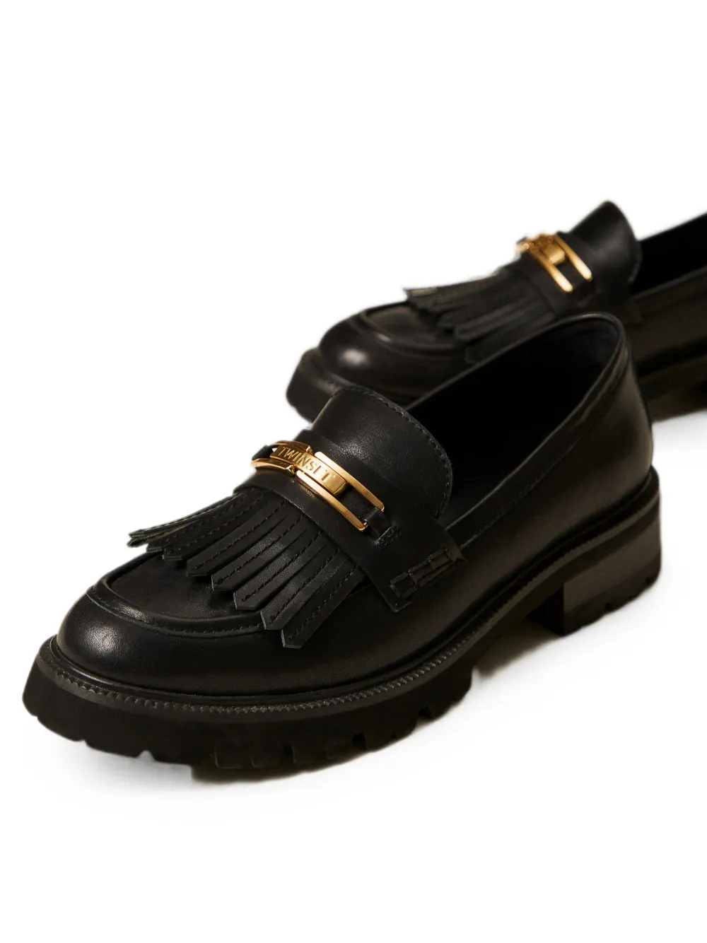 TWINSET leather loafers with fringes Zwart