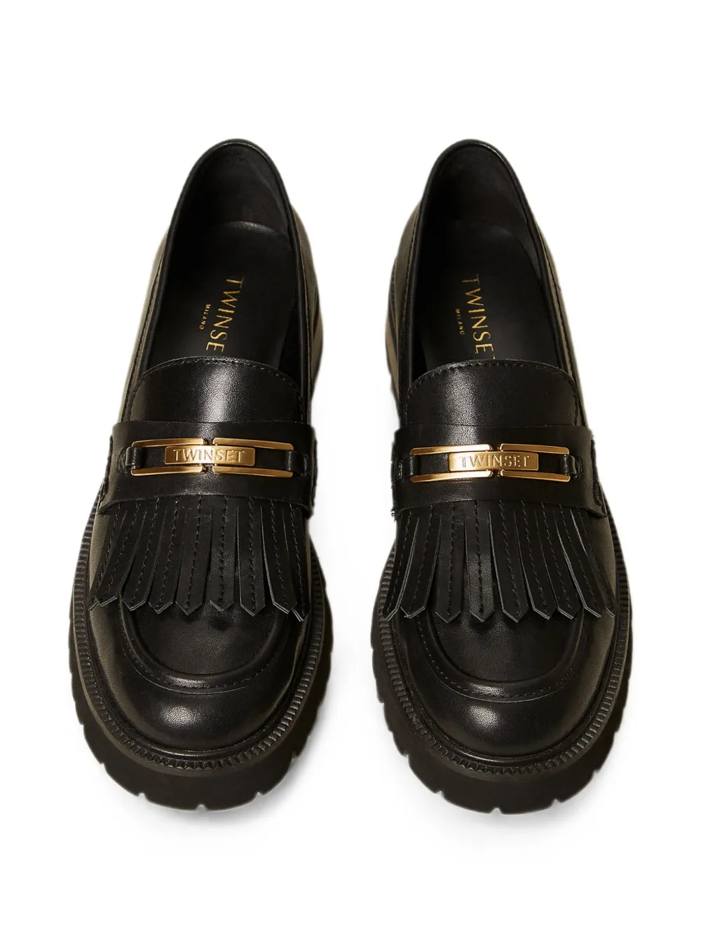 TWINSET leather loafers with fringes Zwart