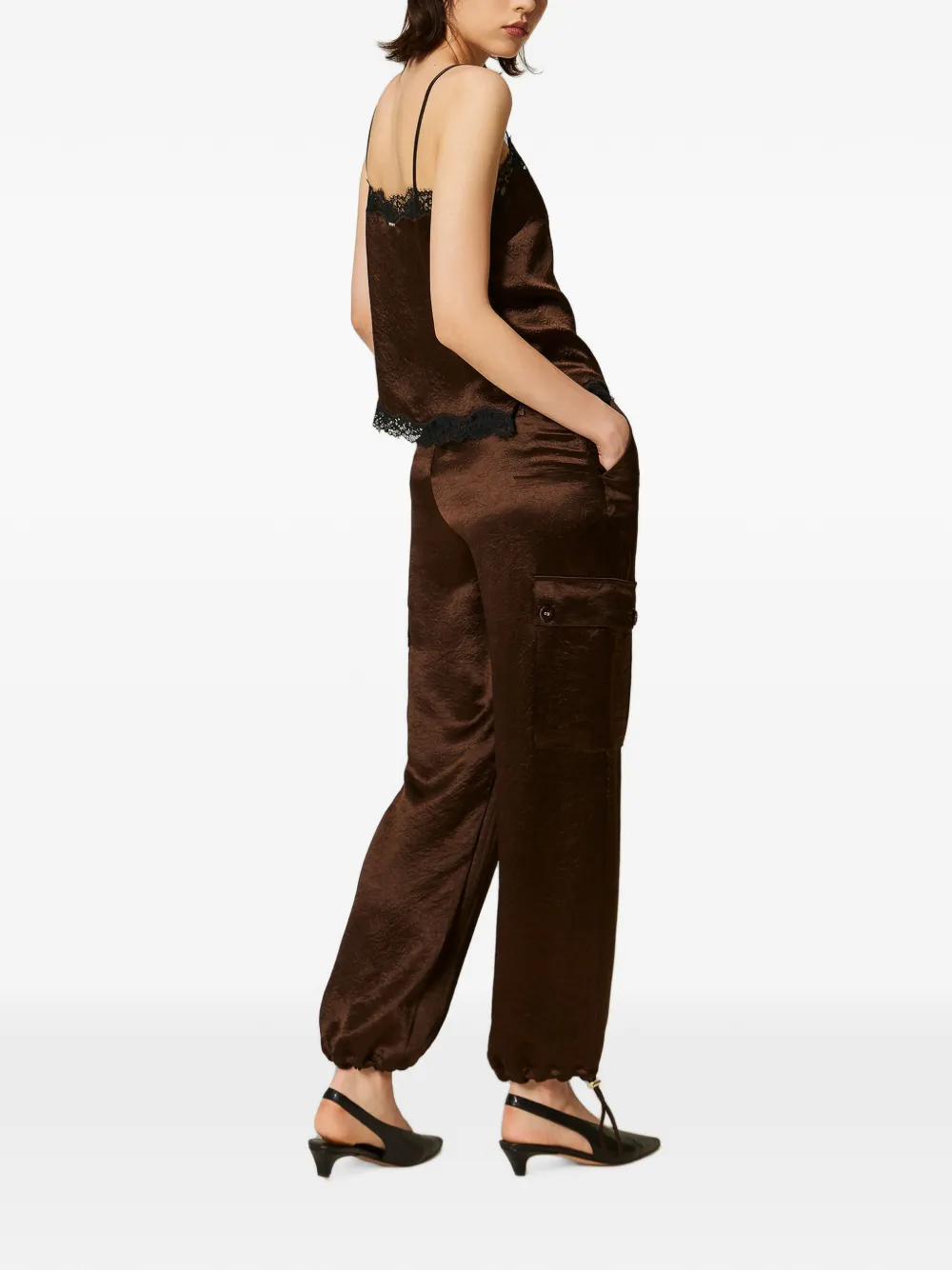 TWINSET Froissé satijnen cargo broek Bruin