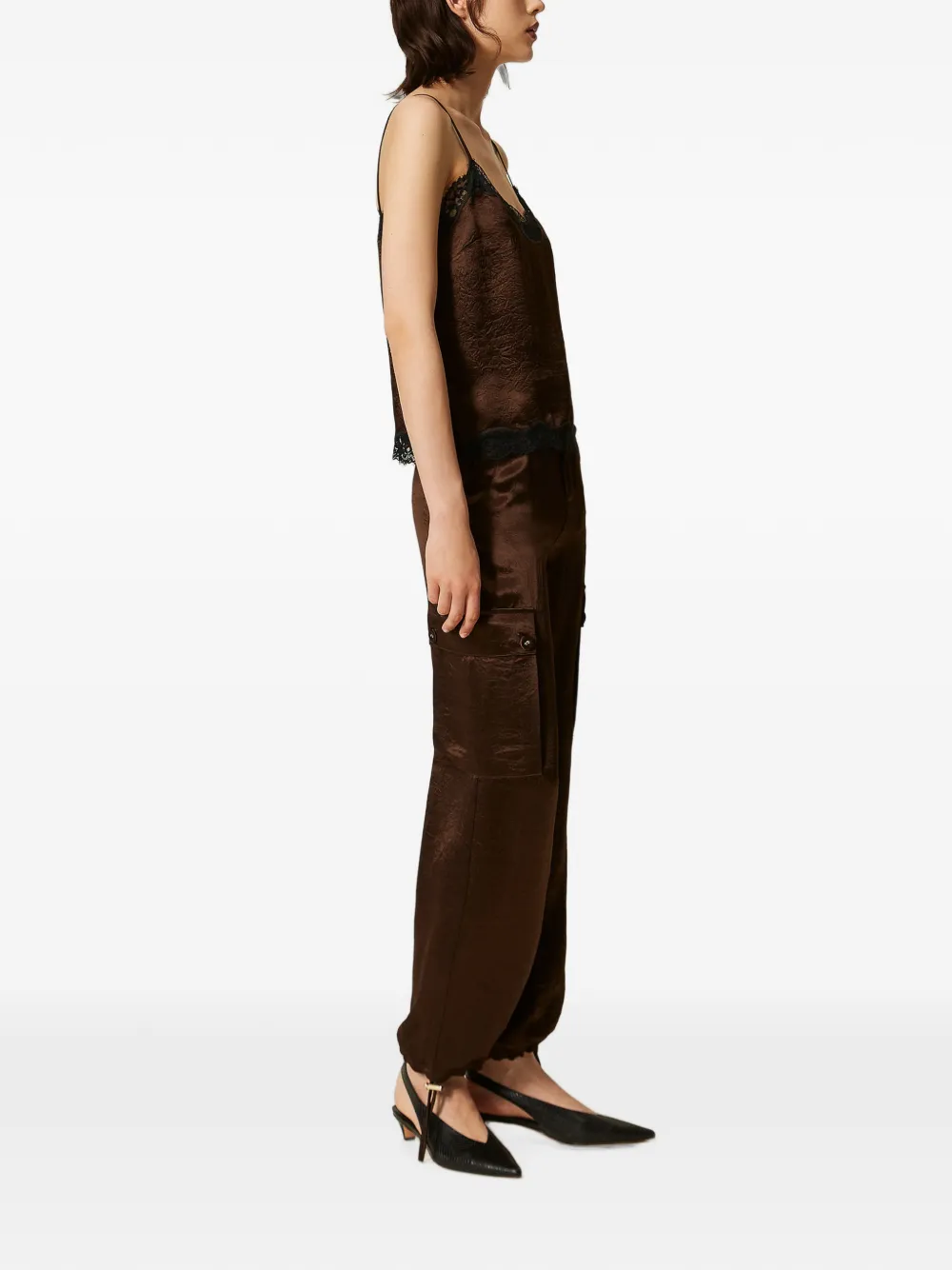 TWINSET Froissé satijnen cargo broek Bruin